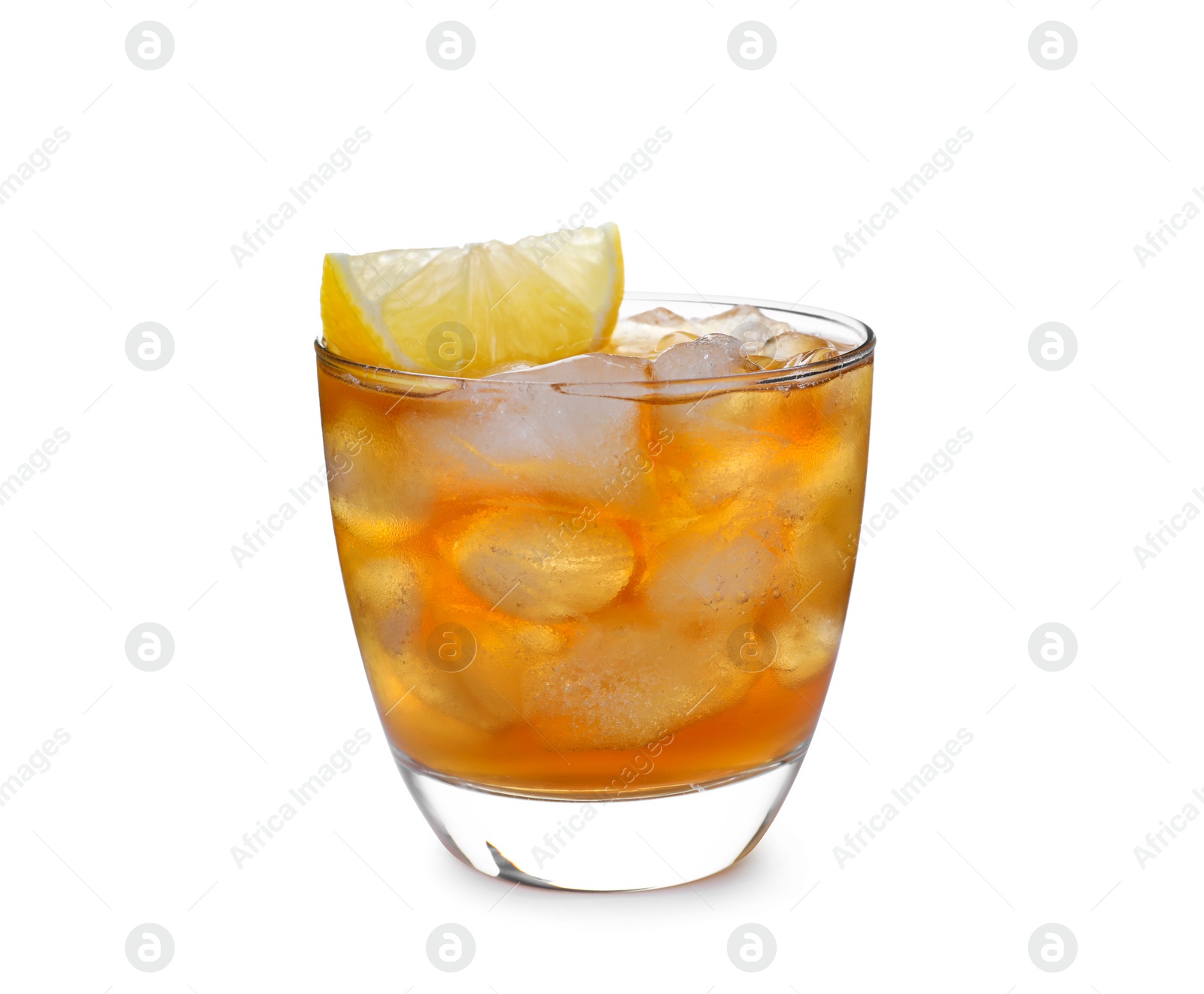 Photo of Delicious iced tea in glass on white background