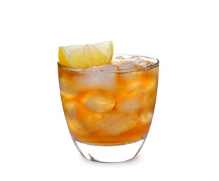 Photo of Delicious iced tea in glass on white background