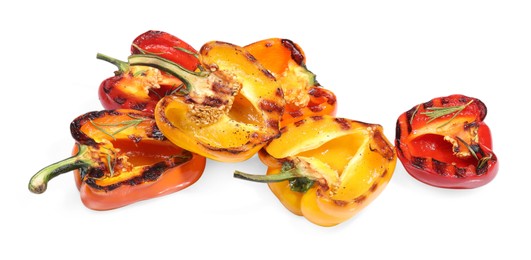 Photo of Tasty grilled bell peppers and rosemary isolated on white