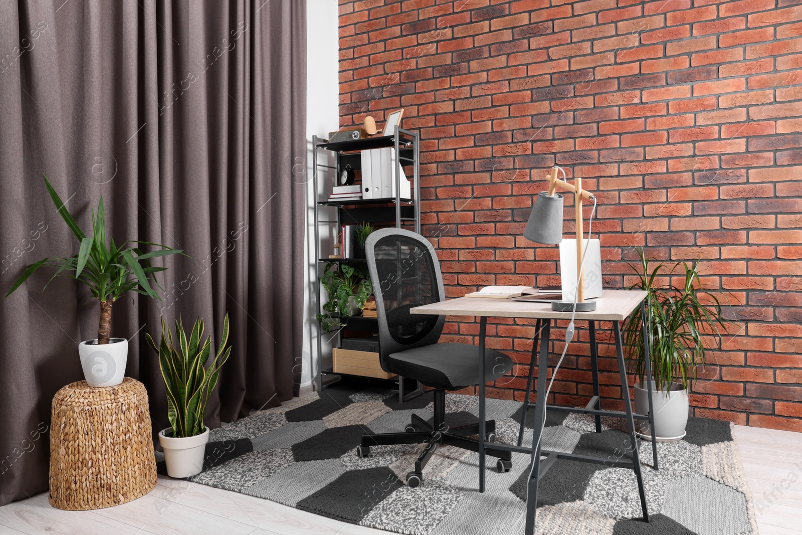 Photo of Stylish workplace with desk, chair, bookcase and potted plants at home