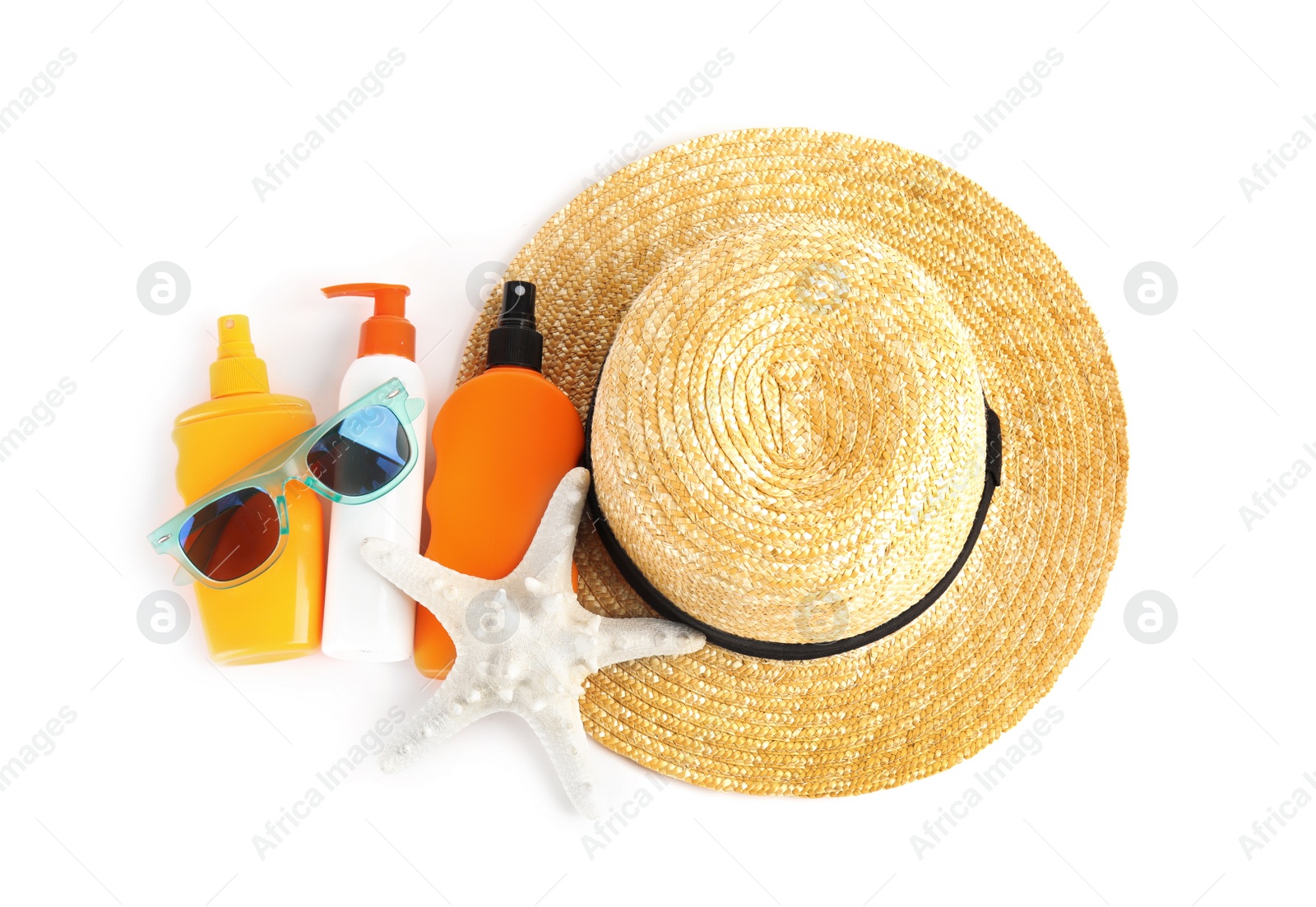 Photo of Composition with sun protection products on white background, top view