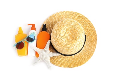 Photo of Composition with sun protection products on white background, top view