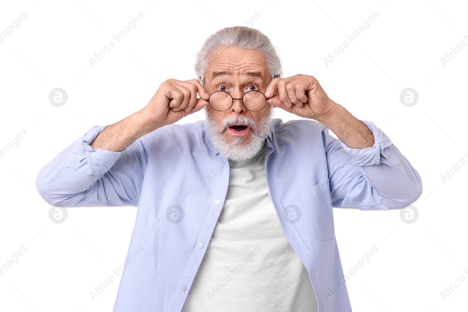Photo of Portrait of emotional grandpa with glasses on white background