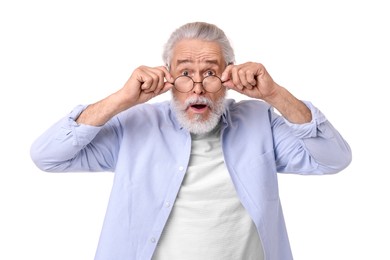 Photo of Portrait of emotional grandpa with glasses on white background