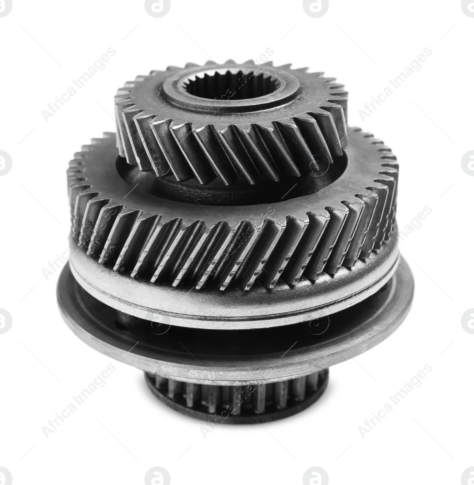 Photo of Different stainless steel gears on white background