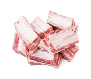 Cut raw pork ribs isolated on white, top view