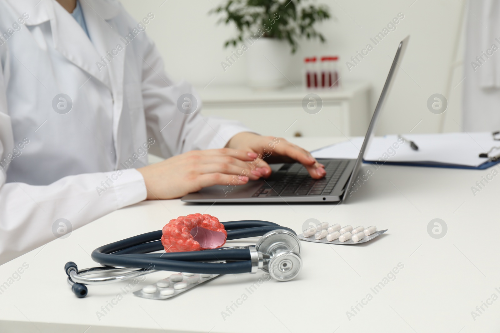 Photo of Endocrinologist working at table, focus on stethoscope and model of thyroid gland