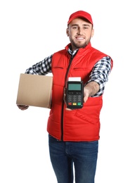 Smiling courier holding payment terminal and parcel isolated on white