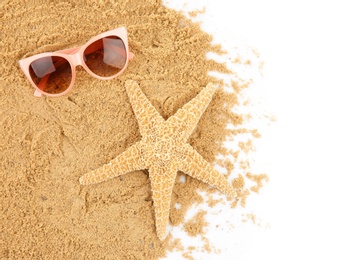 Photo of Composition with beach objects on white background, top view