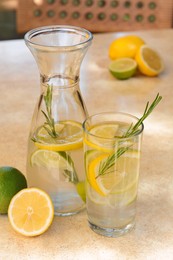 Summer refreshing lemonade on light table in cafe