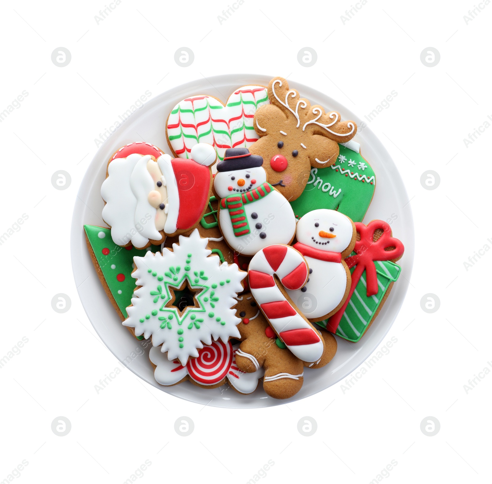 Photo of Delicious gingerbread Christmas cookies on white background, top view