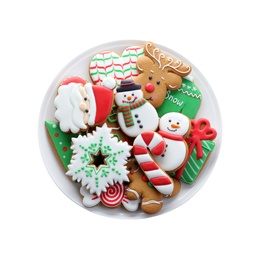 Photo of Delicious gingerbread Christmas cookies on white background, top view