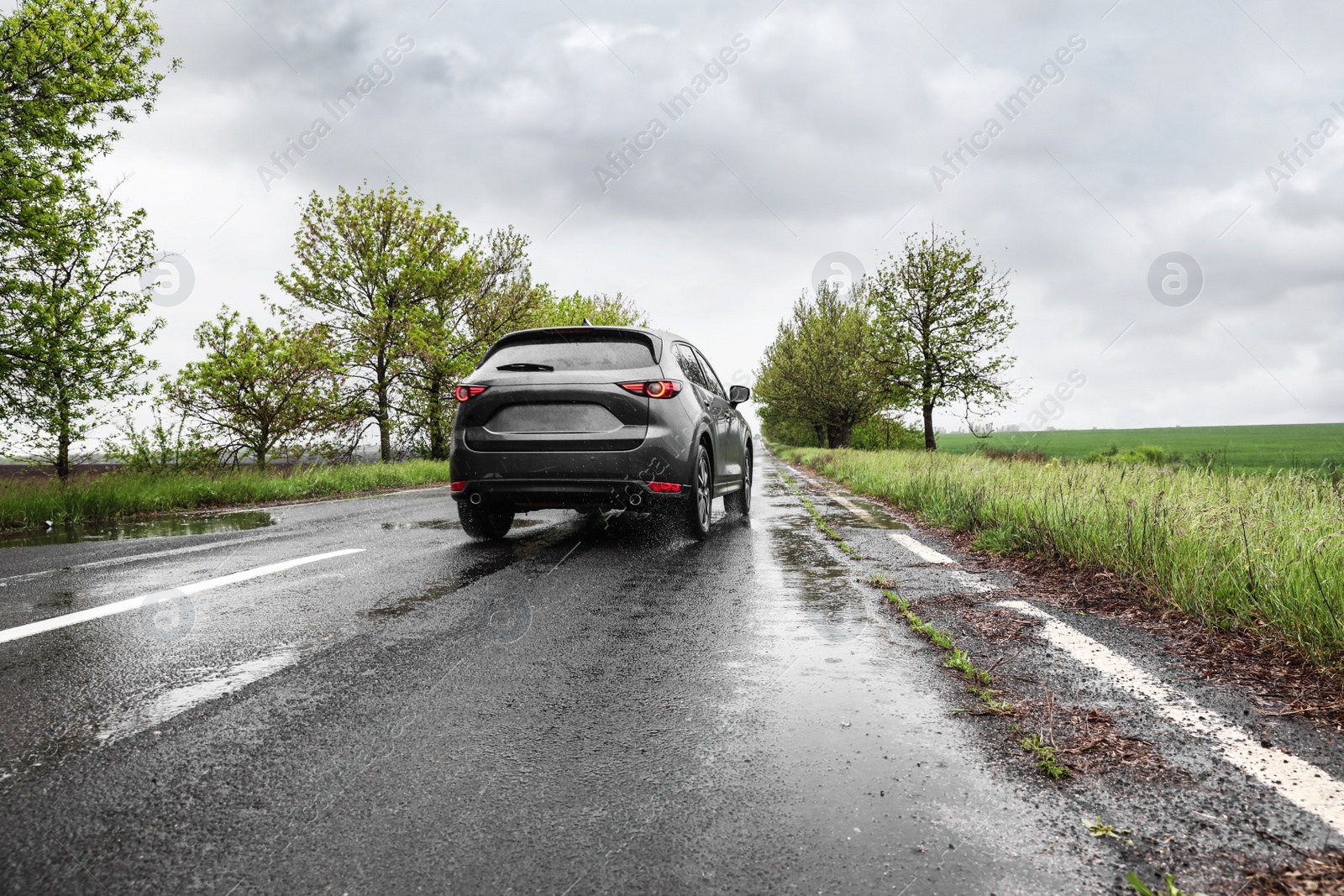 Photo of Wet suburban road with car on rainy day