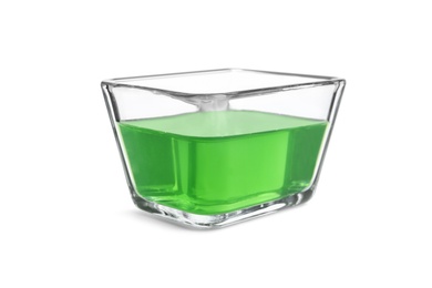 Tasty jelly dessert in glass bowl on white background