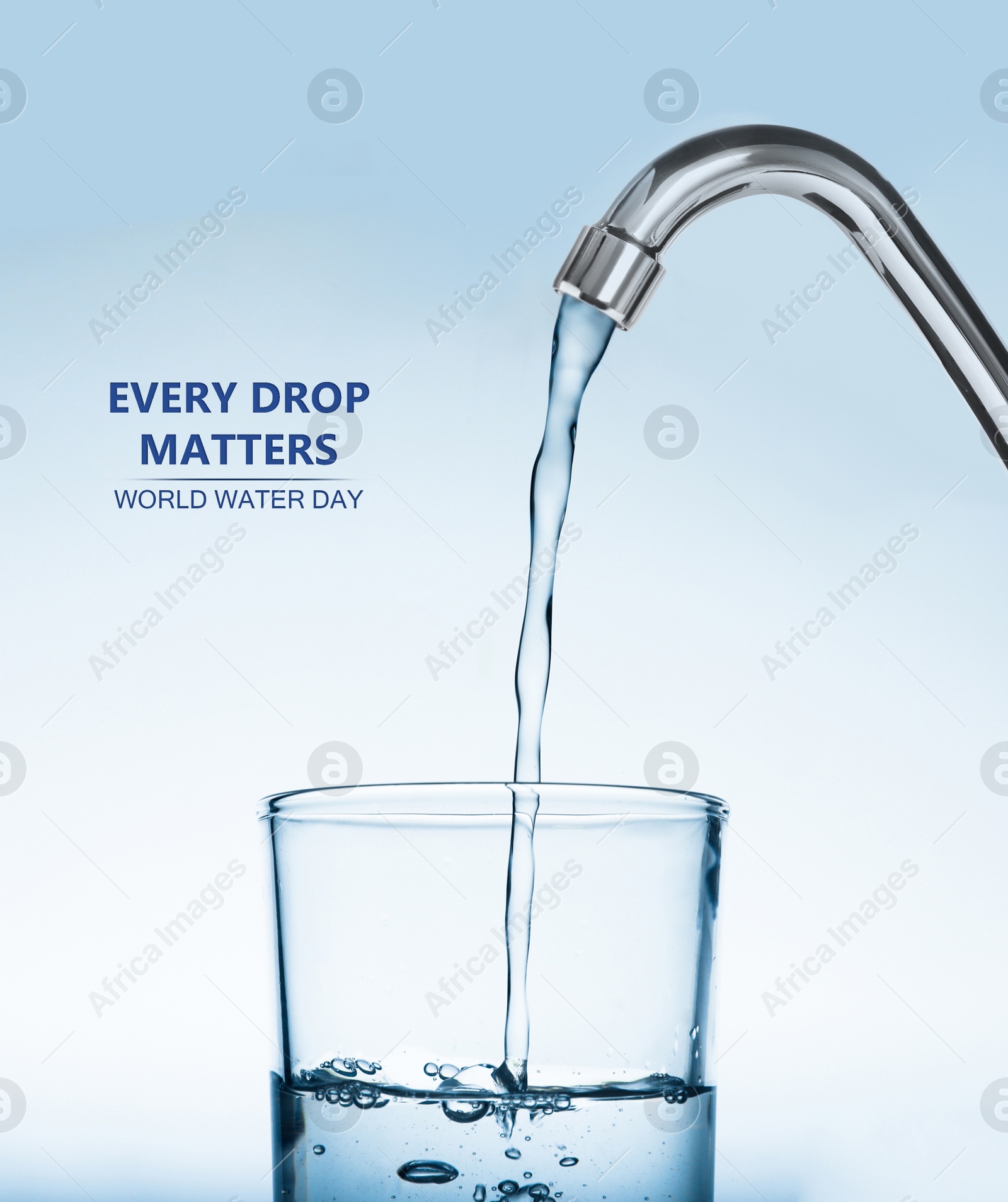 Image of Every drop matters. Filling glass with water from tap on light blue background