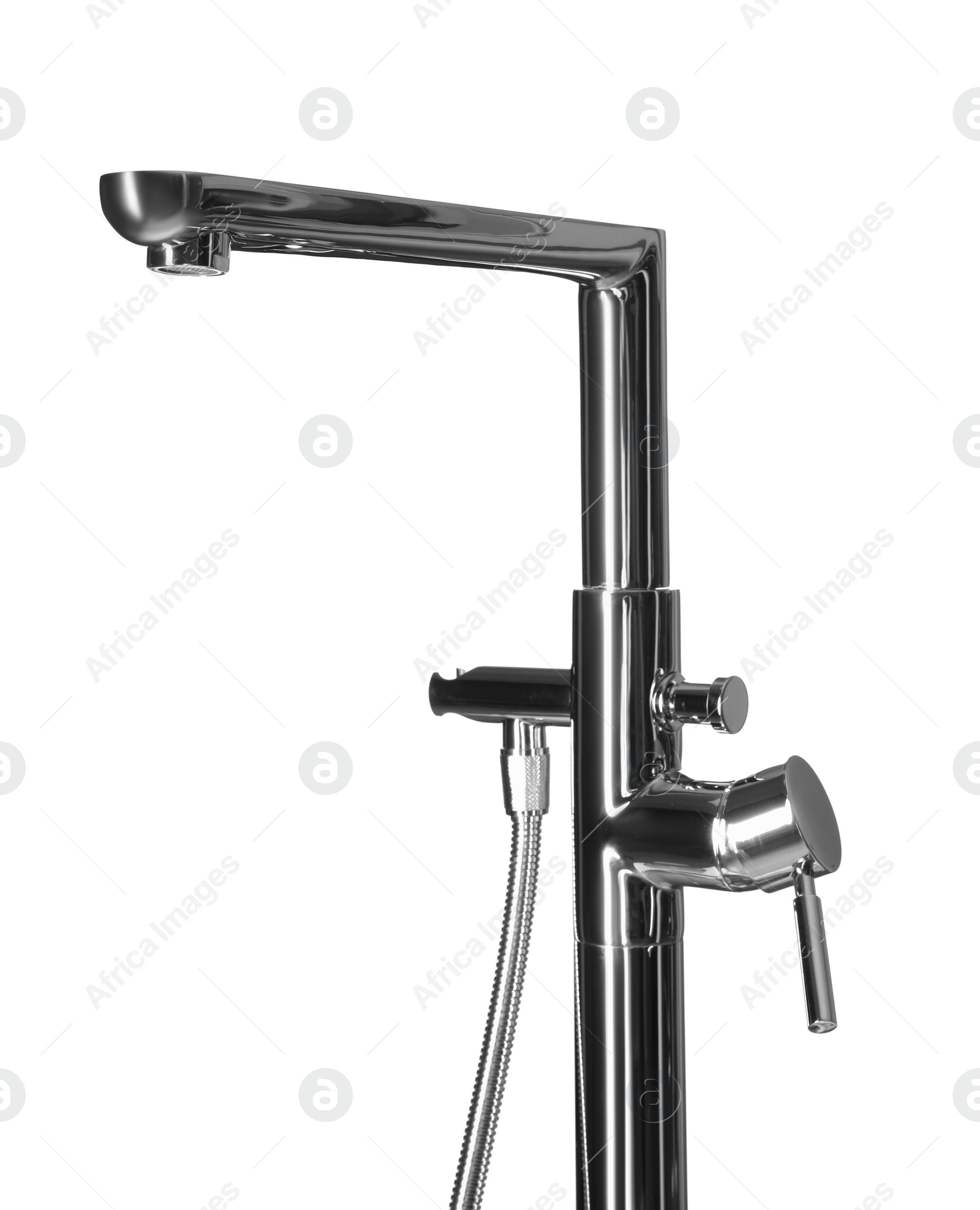 Photo of Modern bathtub water tap on white background