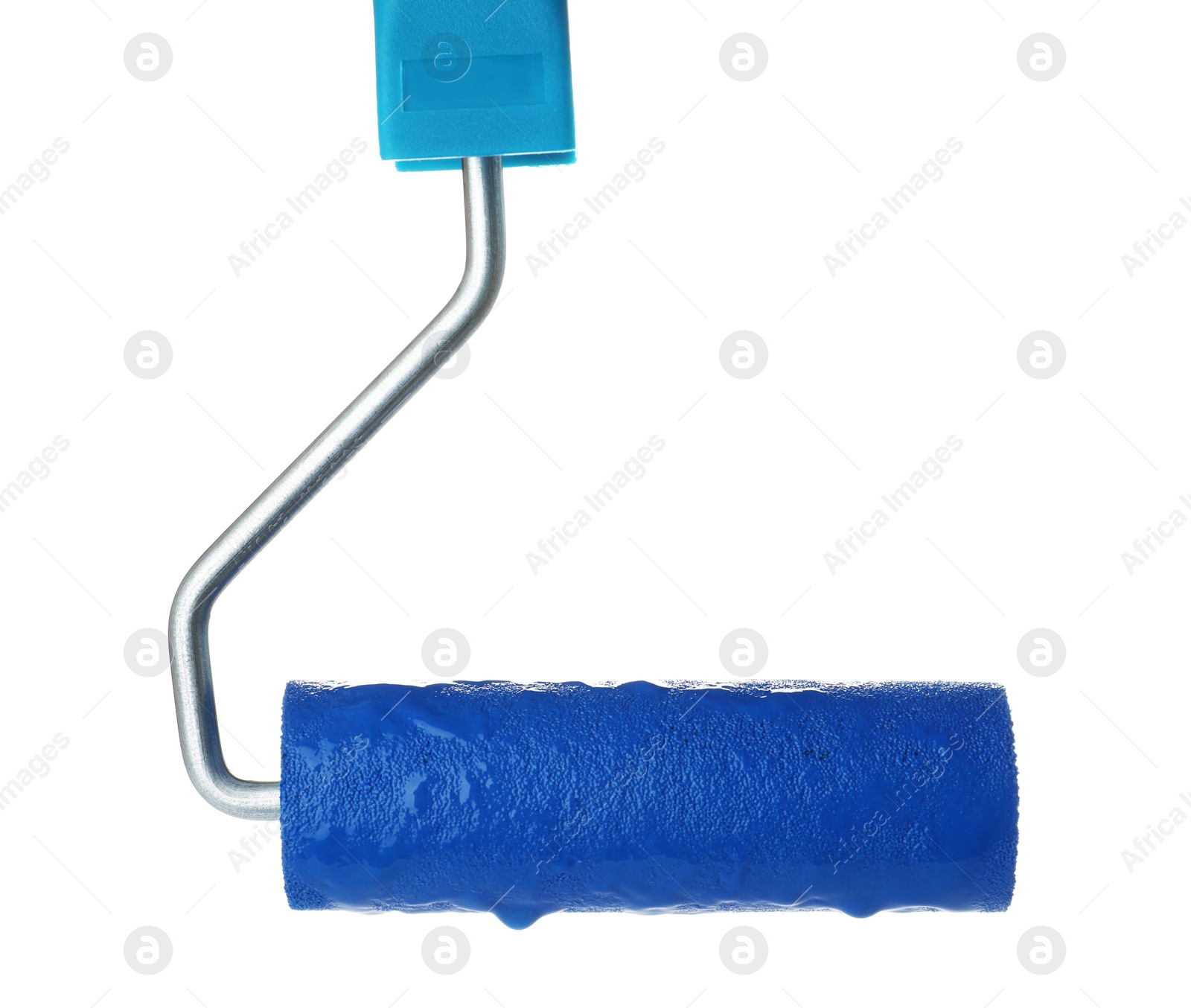 Photo of Roller brush with blue paint on white background