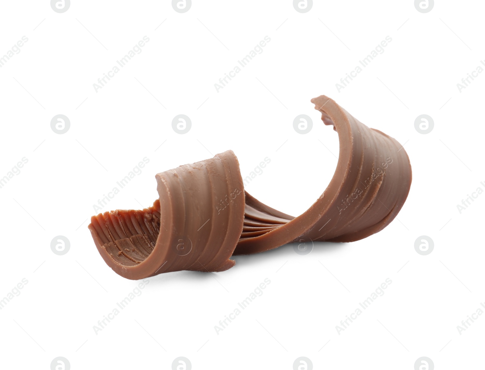 Photo of Yummy chocolate curl for decor on white background