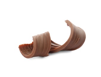 Photo of Yummy chocolate curl for decor on white background