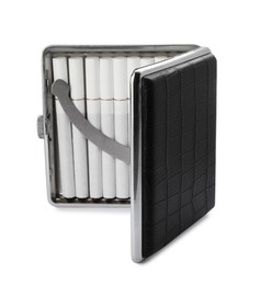 Photo of Stylish case with cigarettes isolated on white