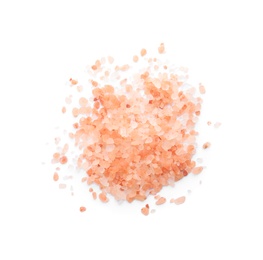 Photo of Pile of pink himalayan salt isolated on white, top  view