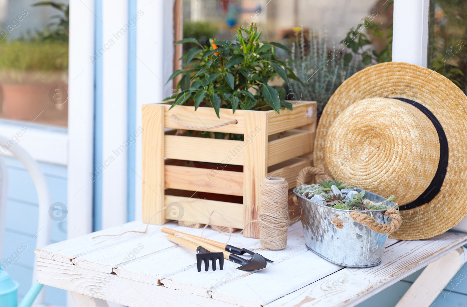 Photo of Gardening tools, plants and straw hat on white wooden table outdoors