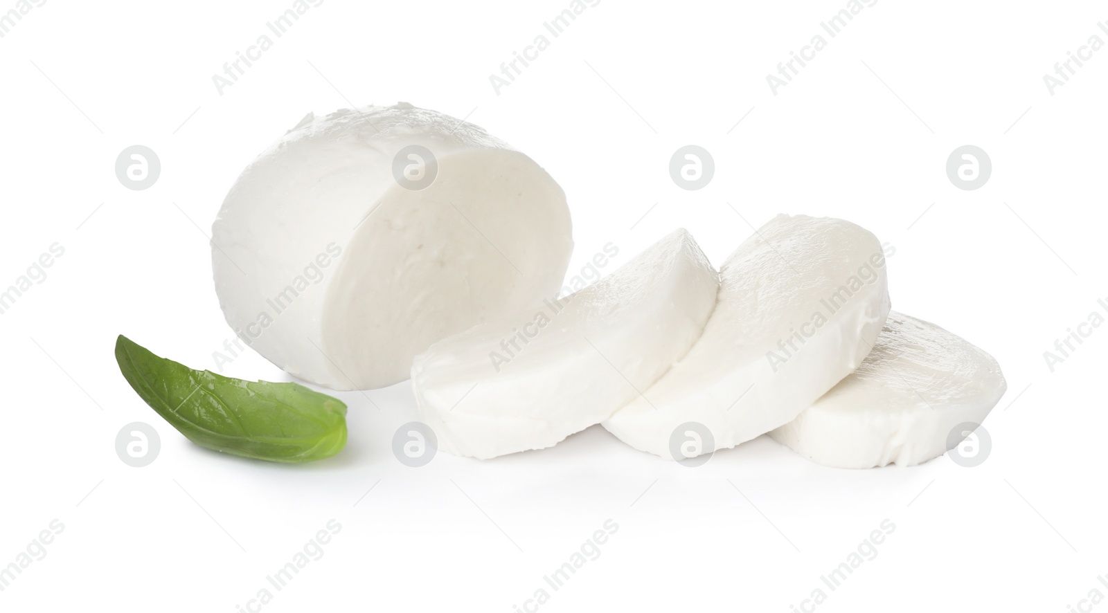 Photo of Delicious mozzarella cheese slices and basil on white background