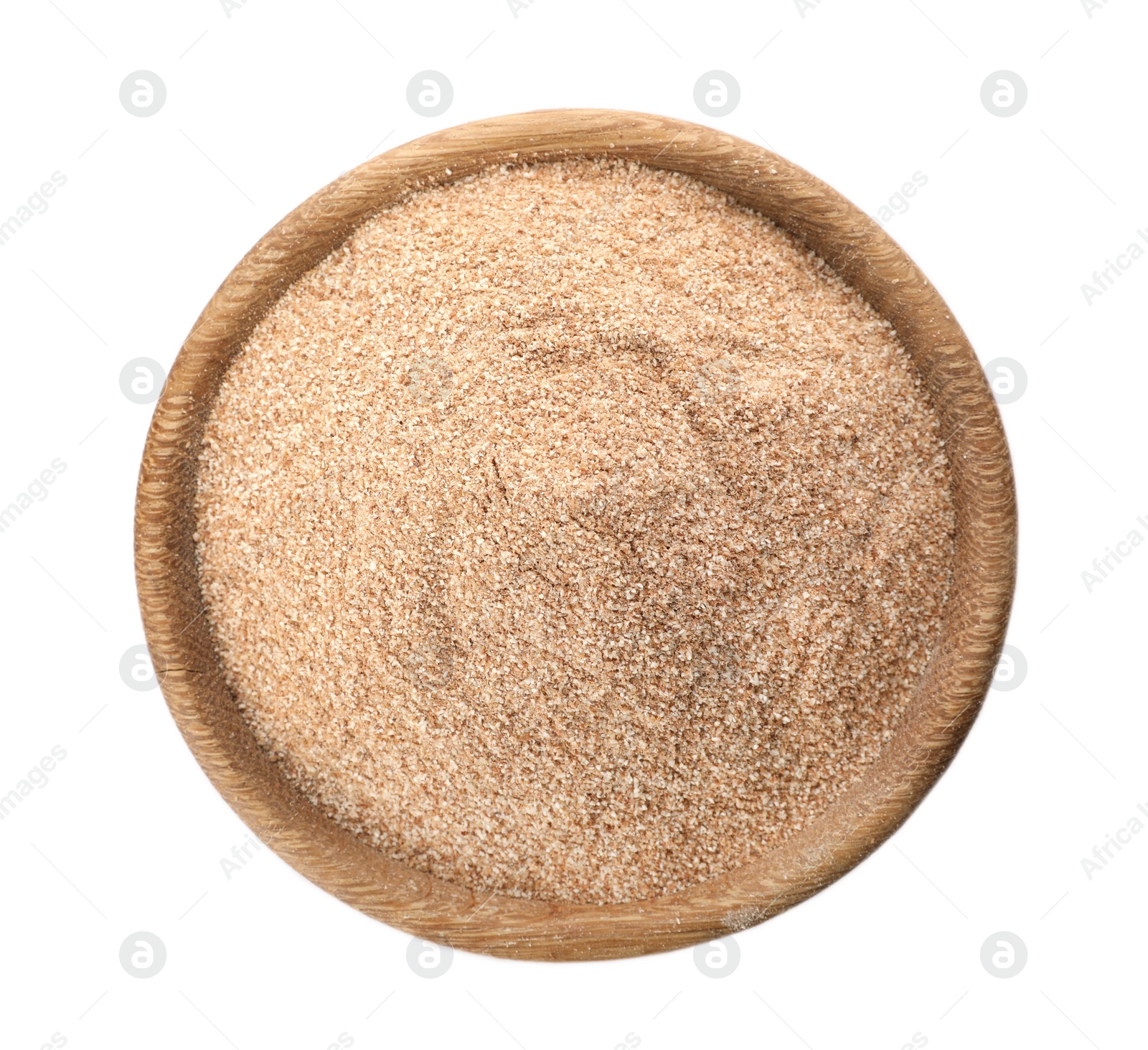 Photo of Bowl of buckwheat flour isolated on white, top view