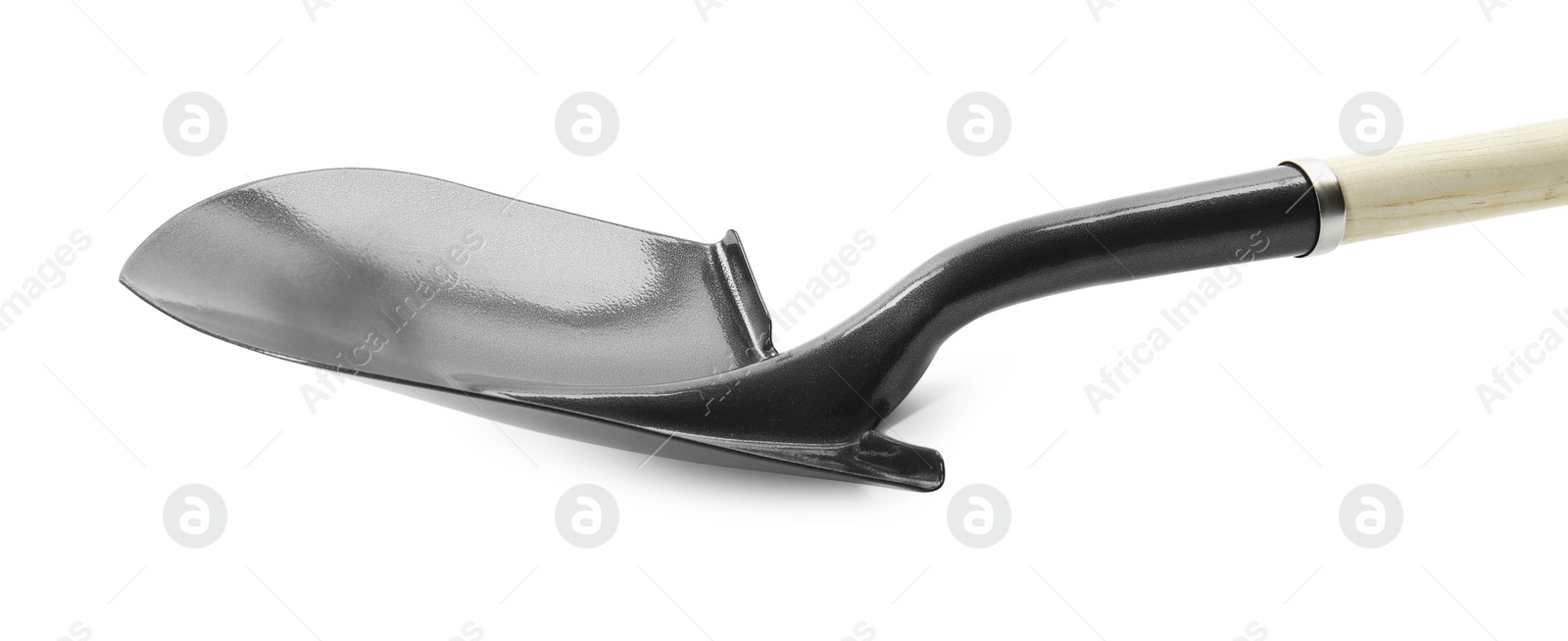 One new shovel with wooden handle isolated on white. Gardening tool Photo of One new shovel with wooden handle isolated on white. Gardening tool