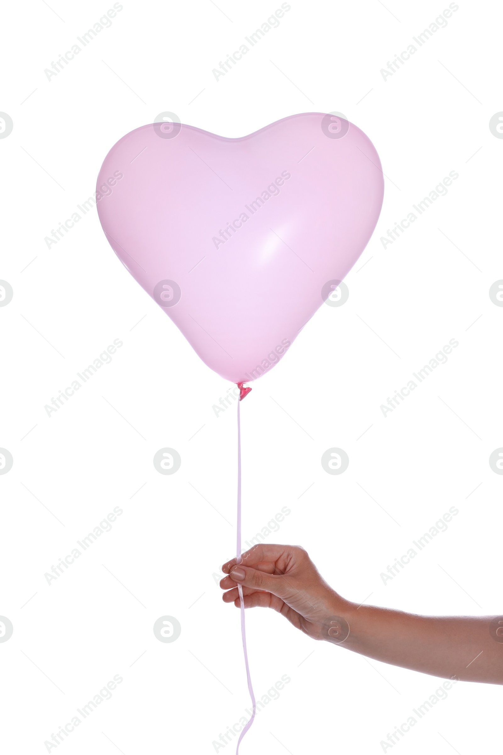 Photo of Woman holding heart shaped balloon isolated on white, closeup