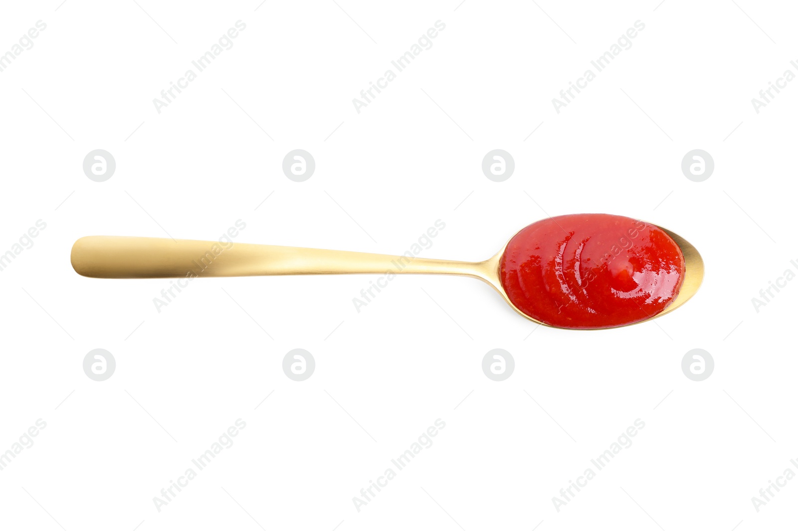 Photo of Spoon with tasty ketchup isolated on white, top view. Tomato sauce