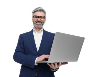 Mature businessman in stylish clothes with laptop on white background, low angle view