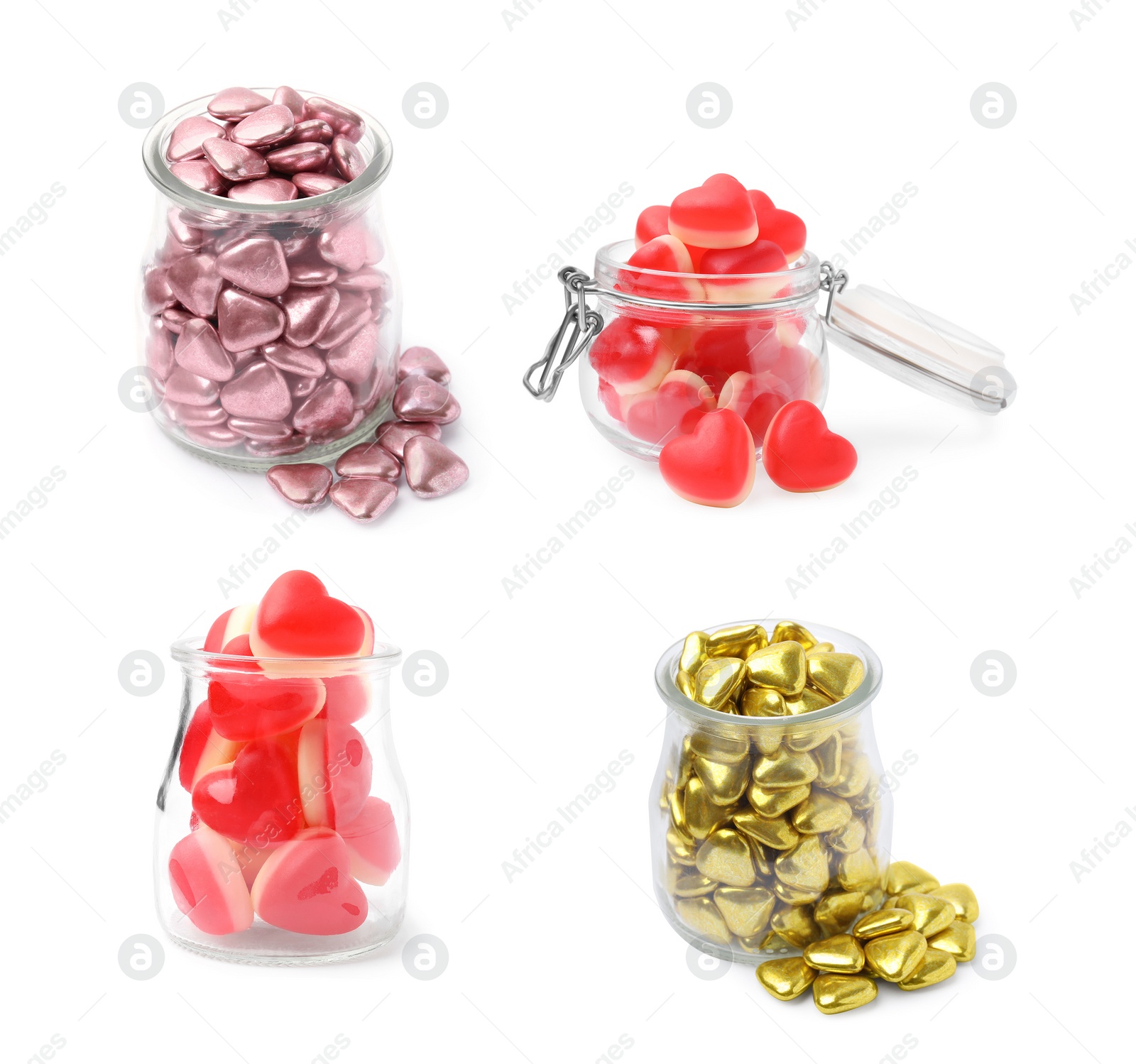 Image of Set with heart-shaped candies in jars isolated on white