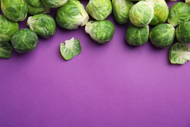 Photo of Fresh Brussels sprouts on purple background, flat lay. Space for text