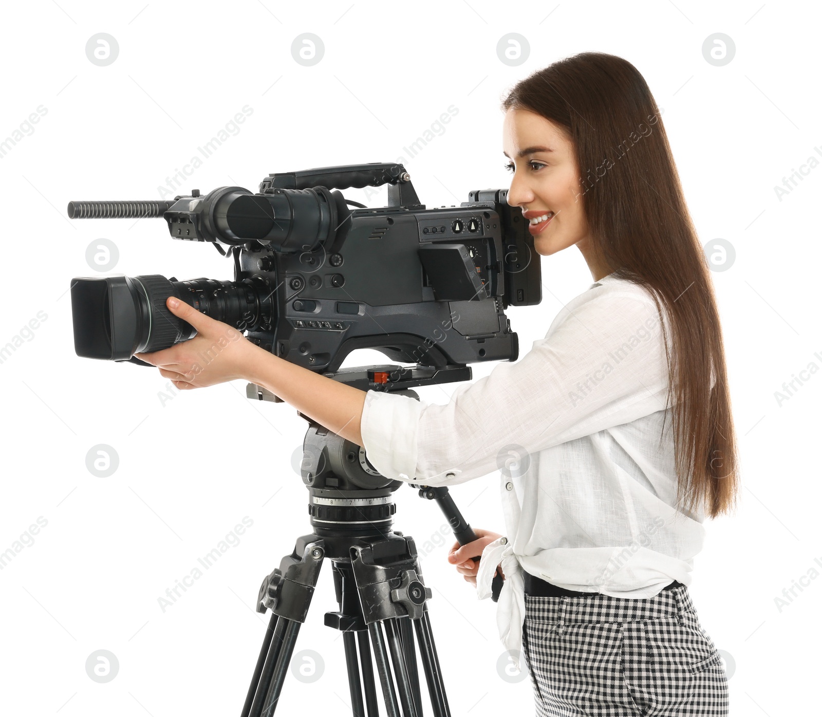 Photo of Operator with professional video camera on white background