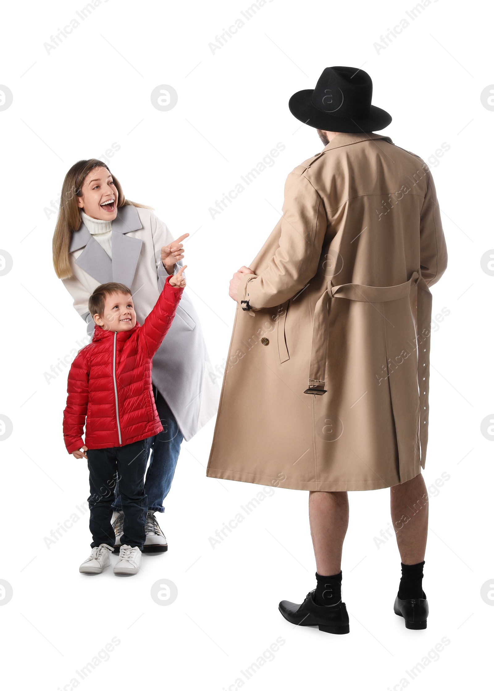 Photo of Exhibitionist exposing naked body under coat in front of mother with child isolated on white