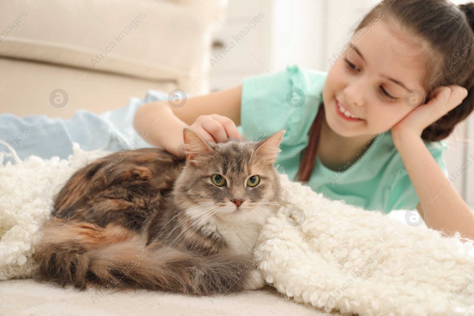 Photo of Cute little girl with cat lying on carpet at home. First pet