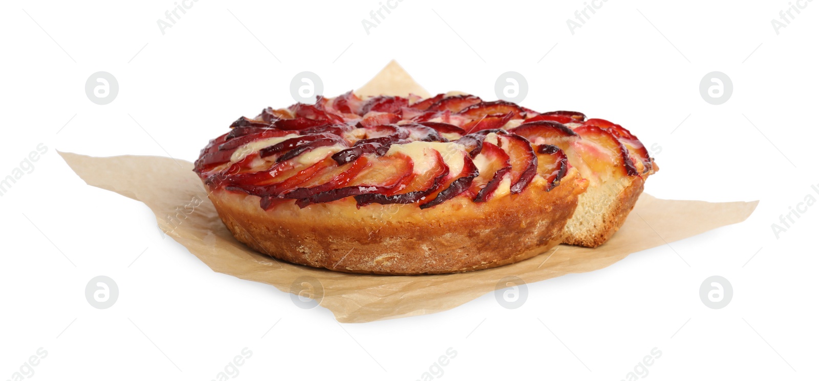 Photo of Delicious cake with plums isolated on white