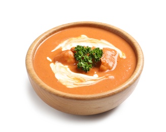 Photo of Bowl of delicious butter chicken on white background. Traditional indian Murgh Makhani