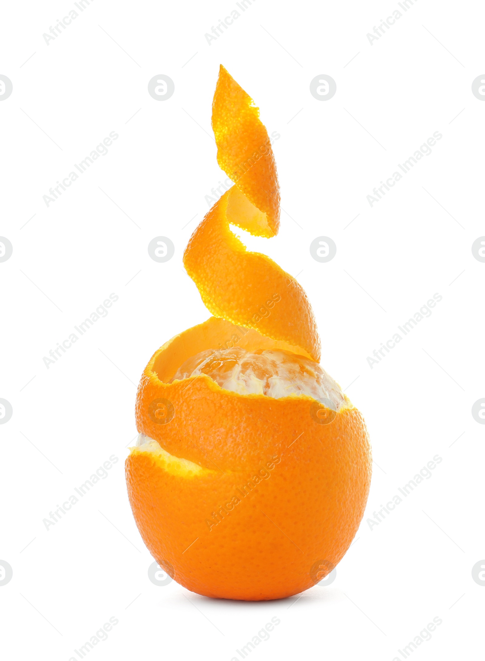 Photo of Fresh half peeled orange on white background