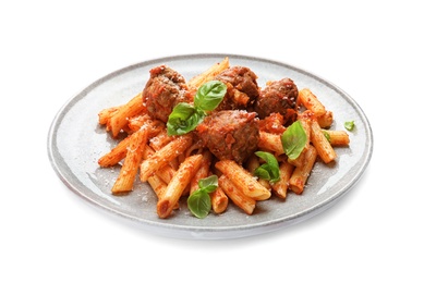 Photo of Delicious pasta with meatballs and tomato sauce on plate, isolated on white