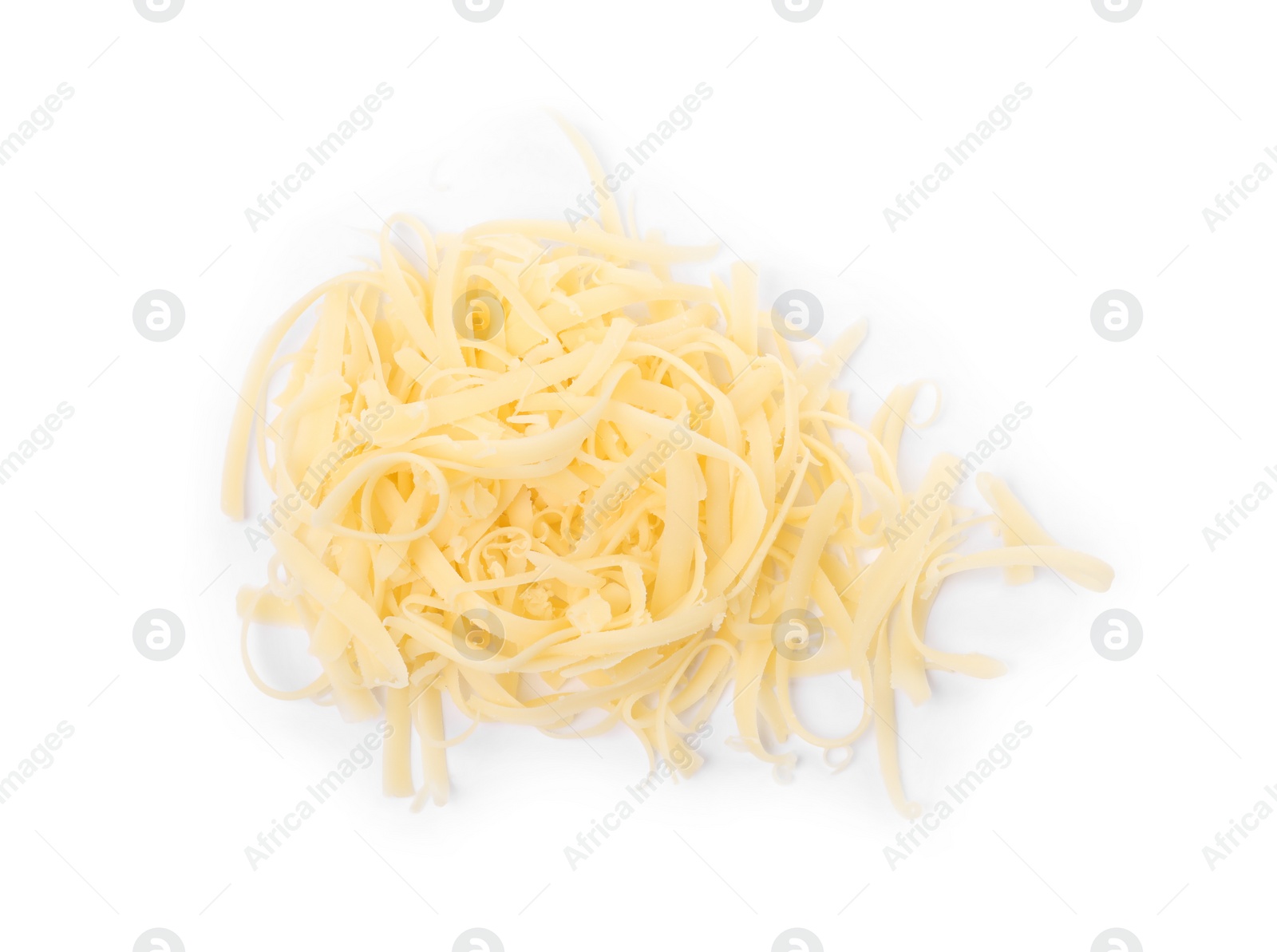 Photo of Pile of tasty grated cheese isolated on white, top view