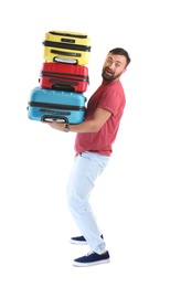 Photo of Man with suitcases on white background. Vacation travel