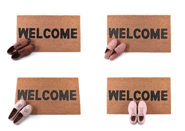 Set with door mats and different shoes on white background, top view