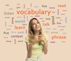 Young woman talking surrounded by word cloud on beige background