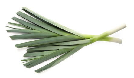 Photo of Fresh raw leeks on white background, top view