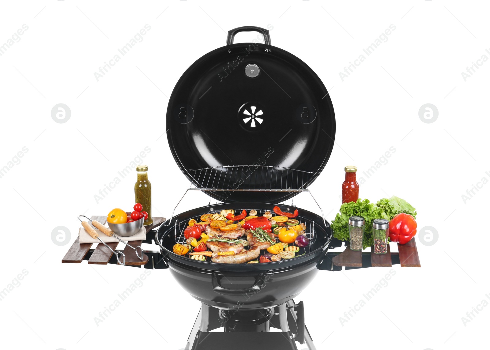 Photo of Modern barbecue grill with tasty food on white background