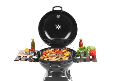 Photo of Modern barbecue grill with tasty food on white background