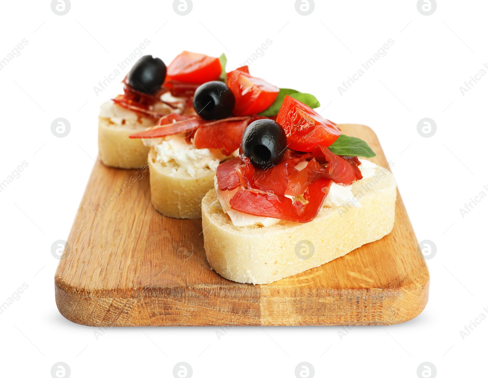 Photo of Delicious sandwiches with bresaola, cream cheese, olives and tomato isolated on white