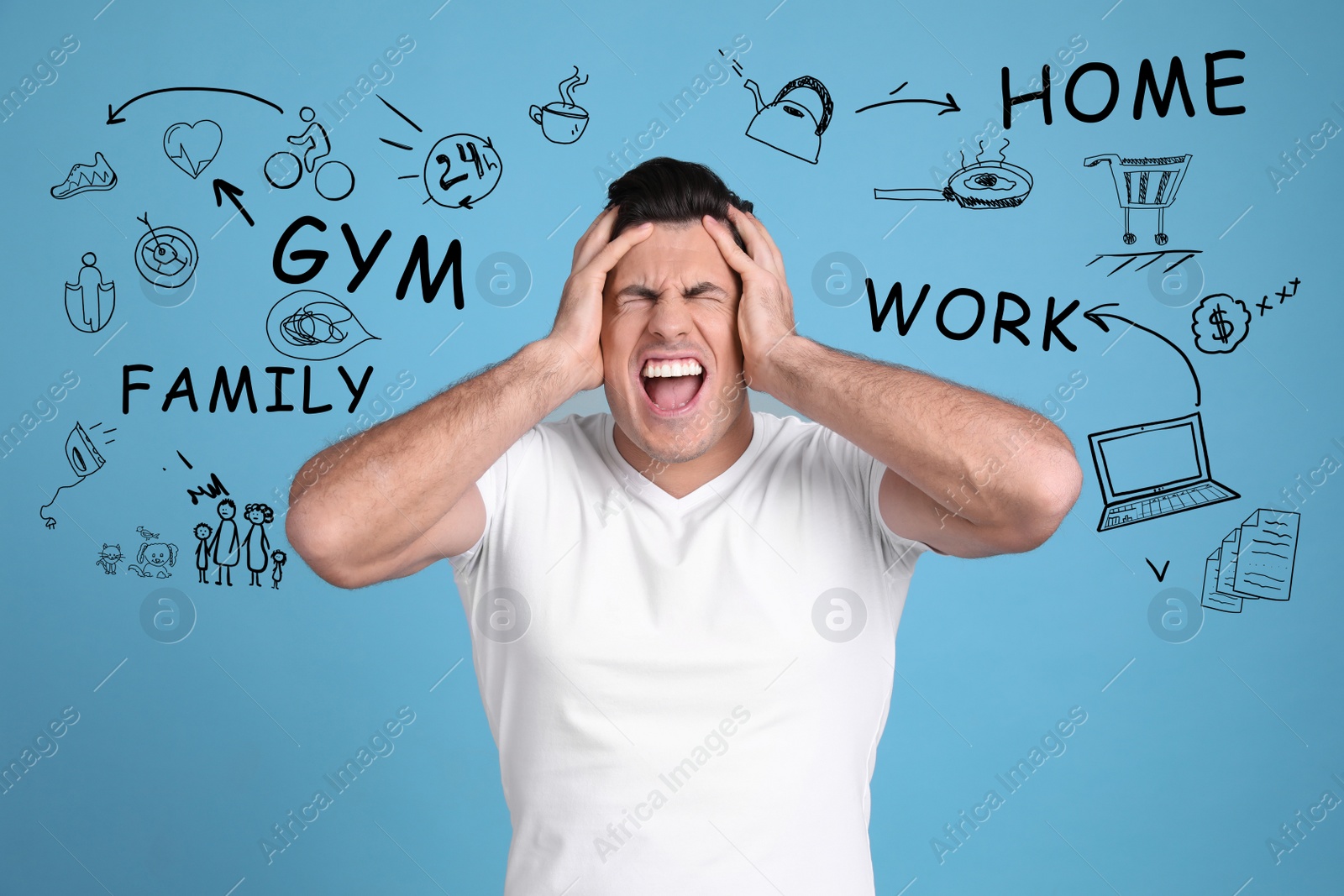 Image of Stressed man, text and drawings on light blue background